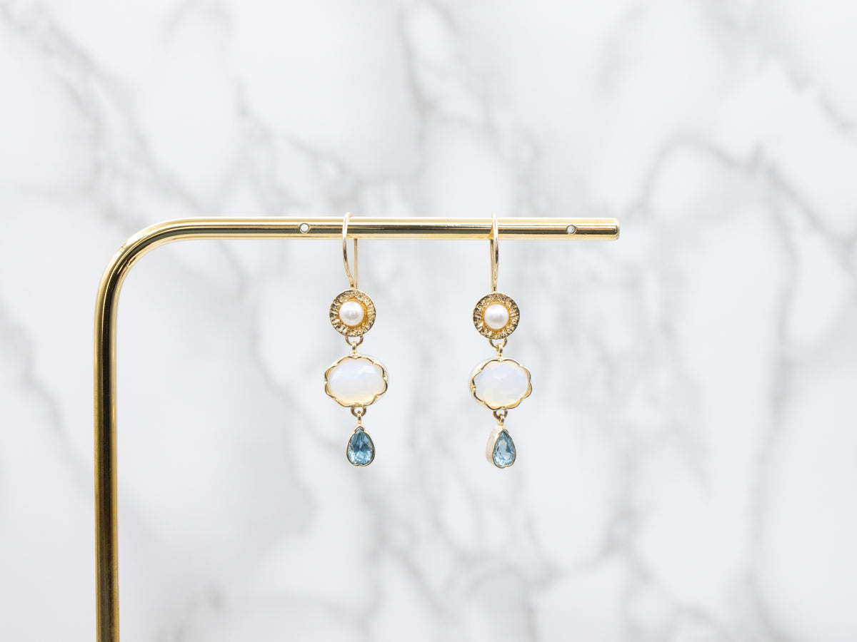 Modern Gold Glass Opalite Freshwater Pearl and Blue Topaz Drop Earrings