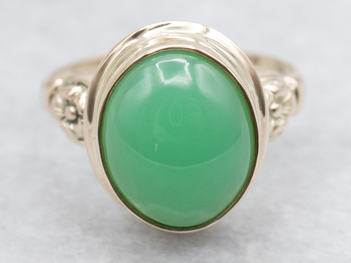 Floral Bezel Set Solitaire Chryoprase Vintage Ring