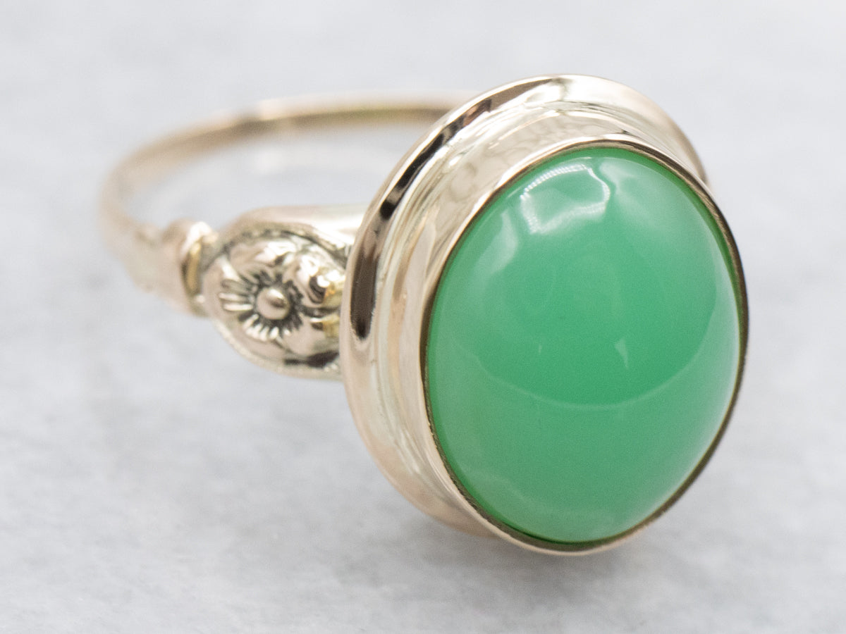 Floral Bezel Set Solitaire Chryoprase Vintage Ring