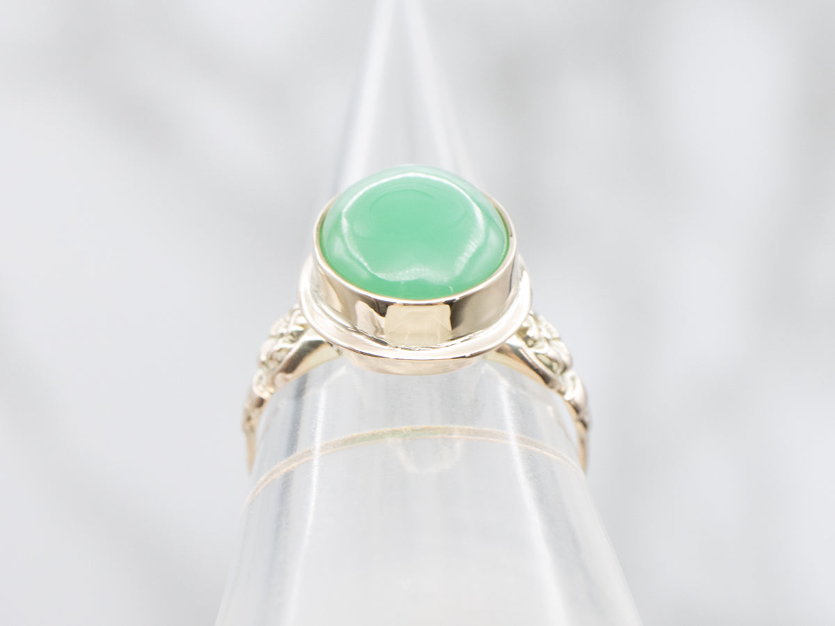 Floral Bezel Set Solitaire Chryoprase Vintage Ring
