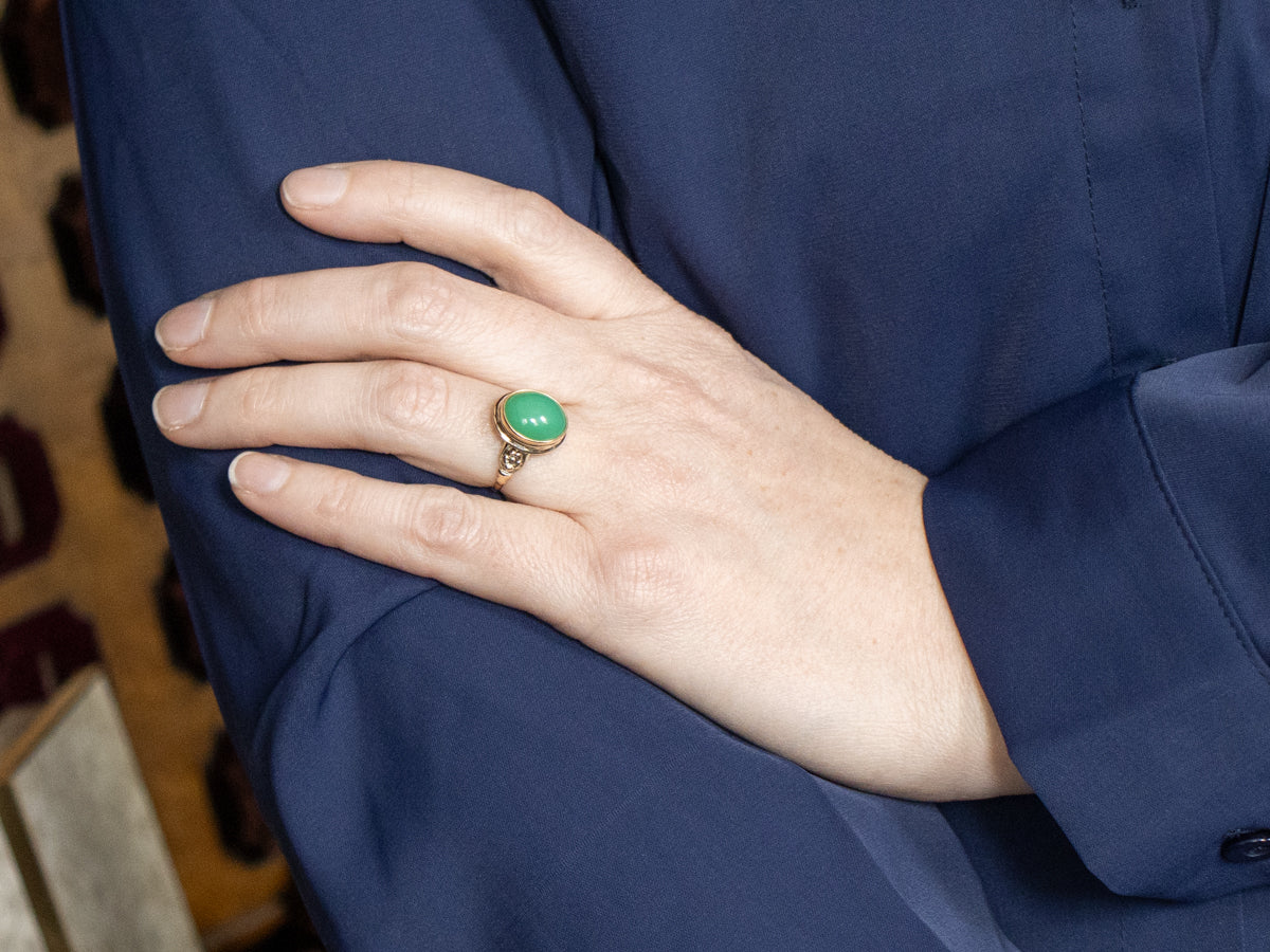 Floral Bezel Set Solitaire Chryoprase Vintage Ring