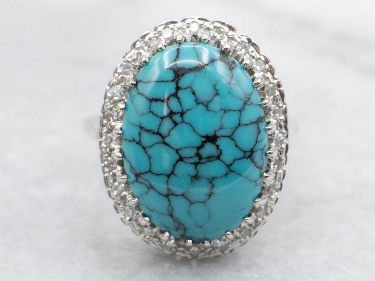 Modern Turquoise and Diamond Halo Cocktail Ring
