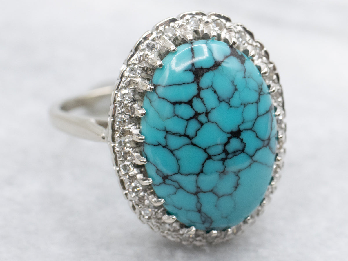 Modern Turquoise and Diamond Halo Cocktail Ring