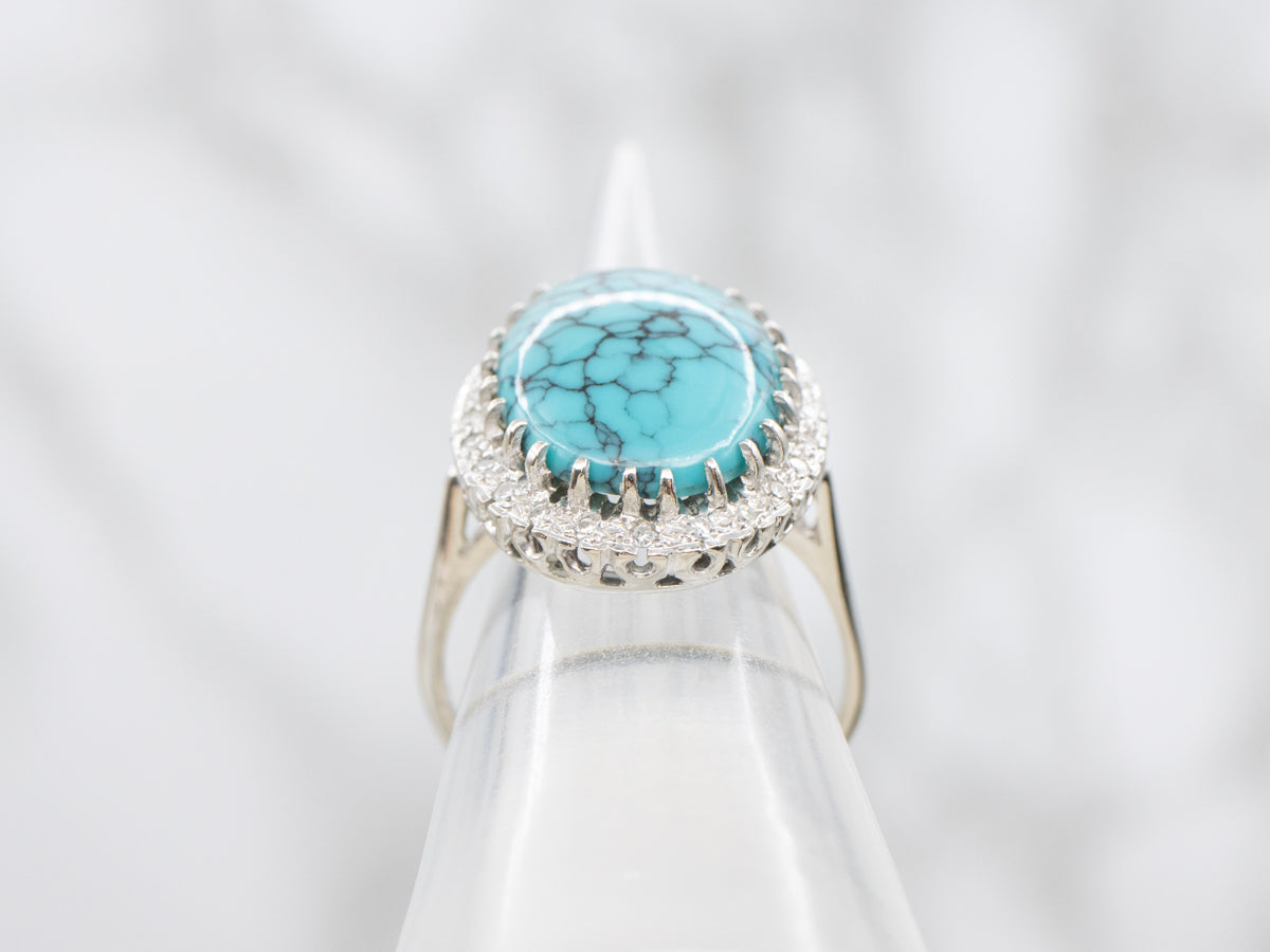 Modern Turquoise and Diamond Halo Cocktail Ring