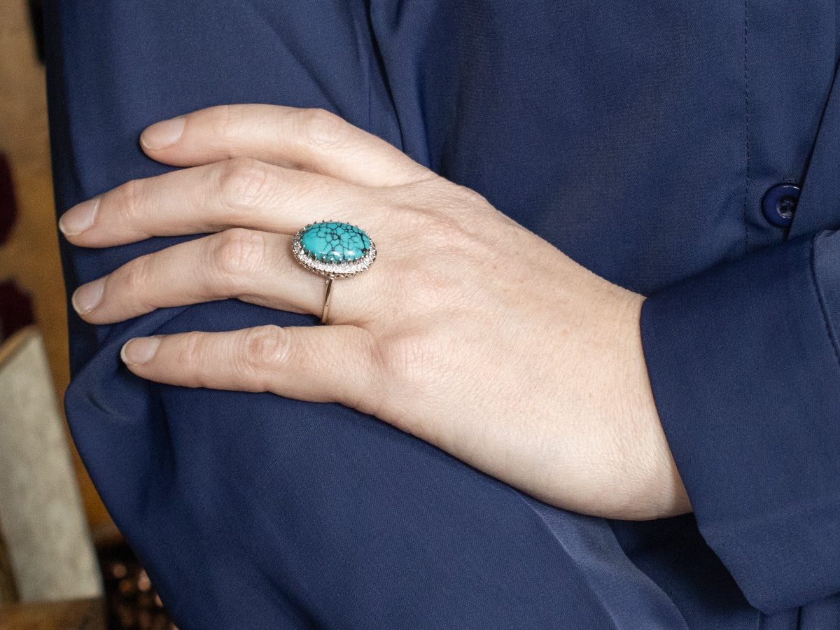 Modern Turquoise and Diamond Halo Cocktail Ring