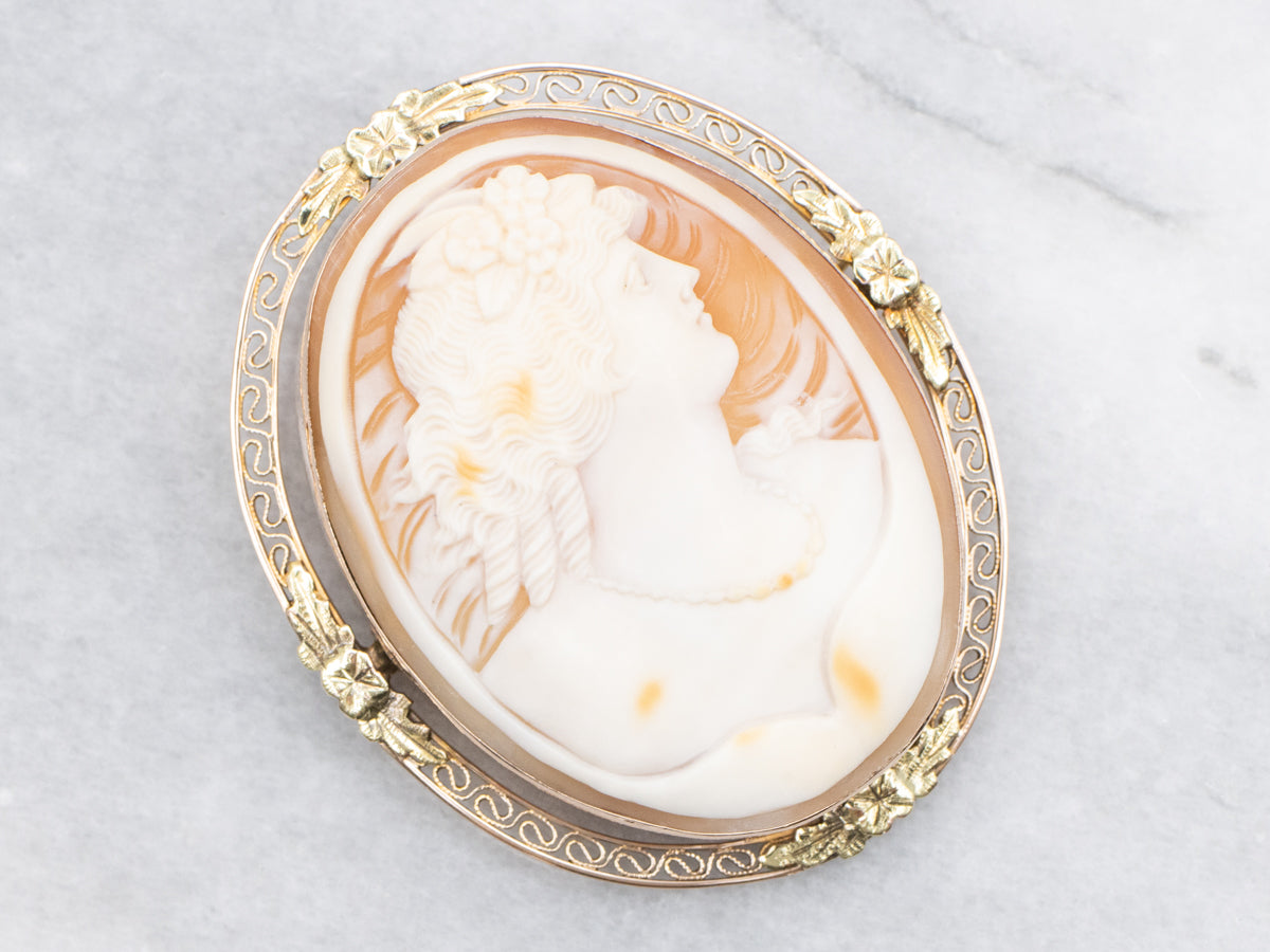 Two-Tone Large Floral Filigree Cameo Pendant and Pin