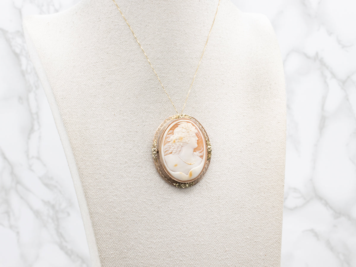 Two-Tone Large Floral Filigree Cameo Pendant and Pin