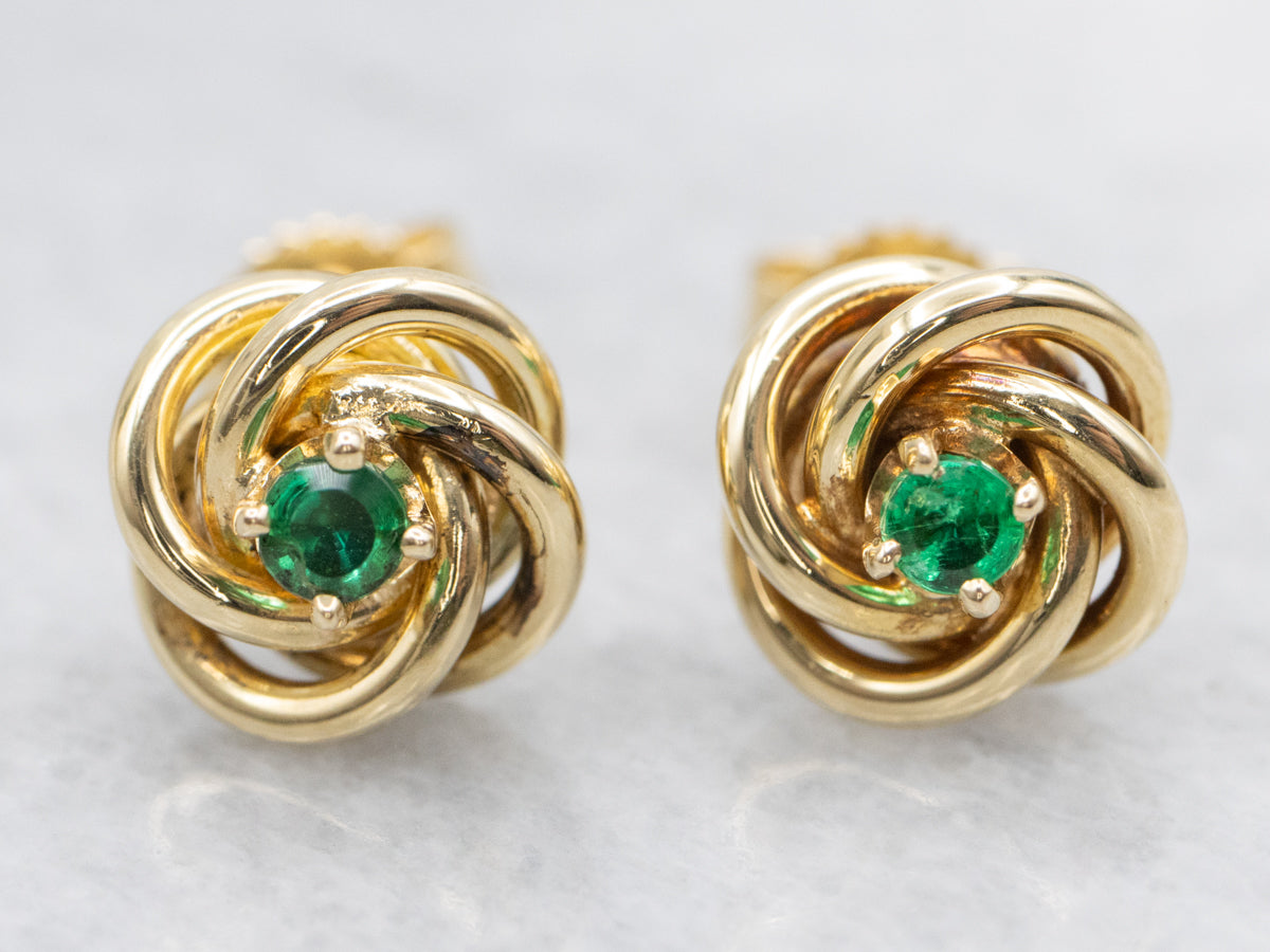 Emerald Gold Lovers Knot Stud Earrings