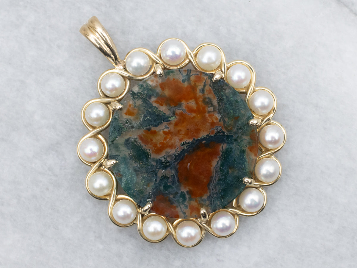 Carnelian Moss Agate and Pearl Halo Pendant