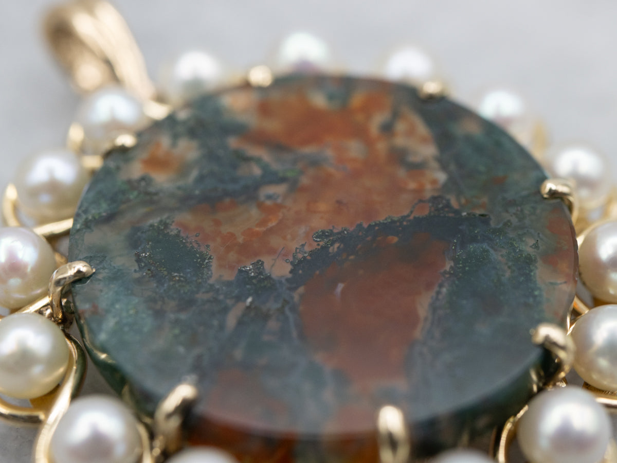Carnelian Moss Agate and Pearl Halo Pendant