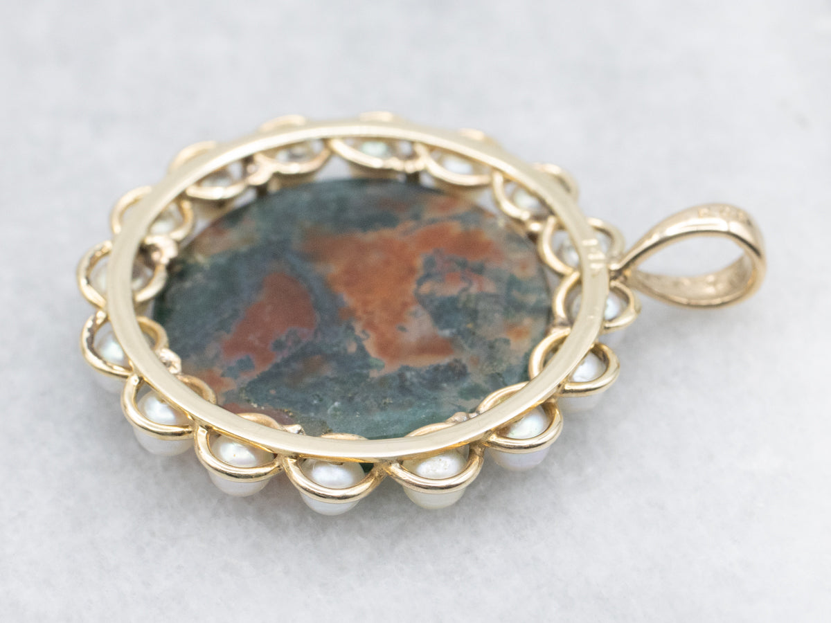 Carnelian Moss Agate and Pearl Halo Pendant