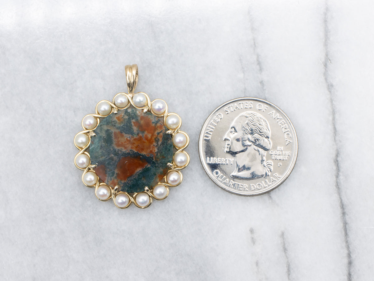 Carnelian Moss Agate and Pearl Halo Pendant