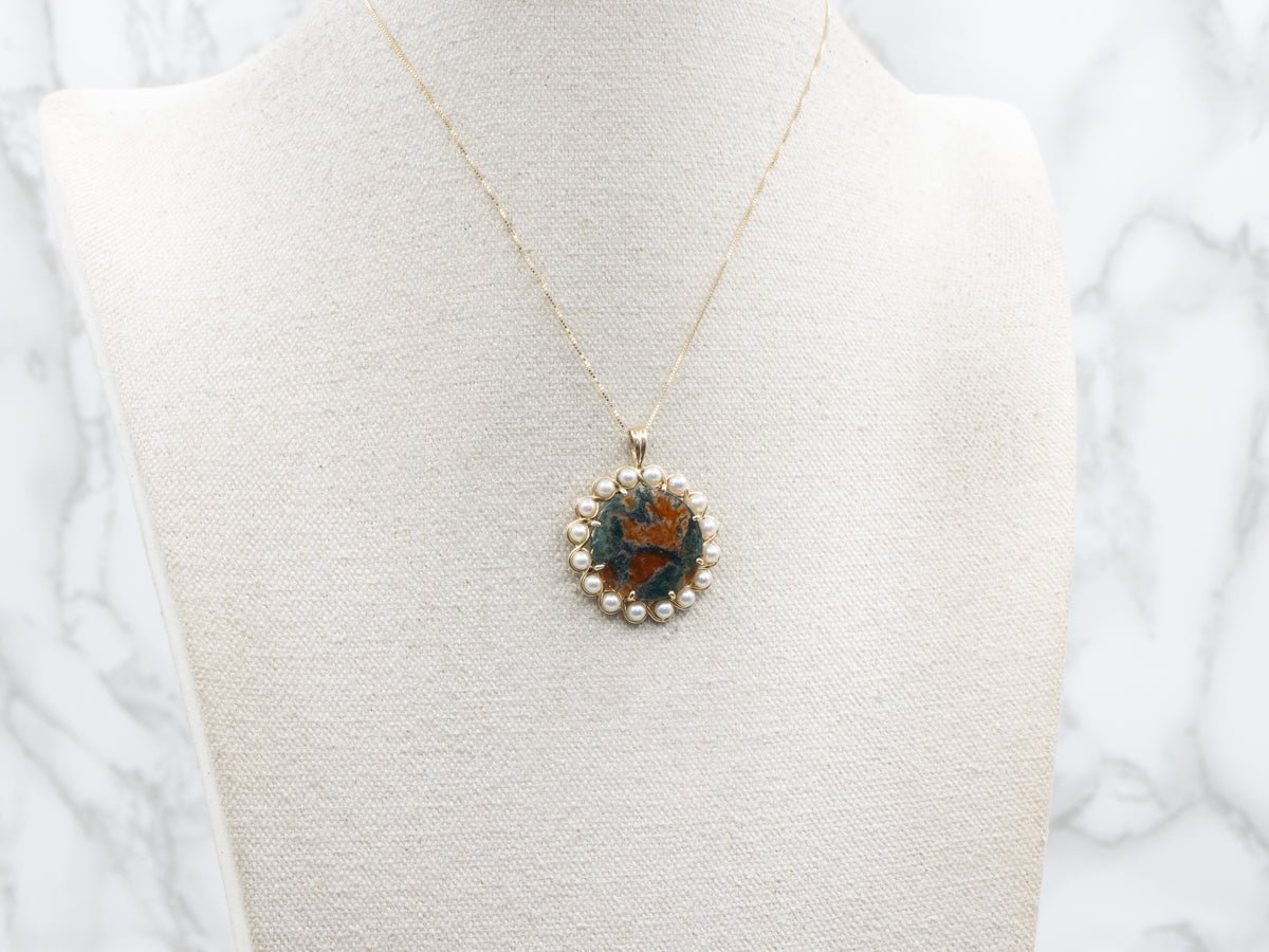 Carnelian Moss Agate and Pearl Halo Pendant