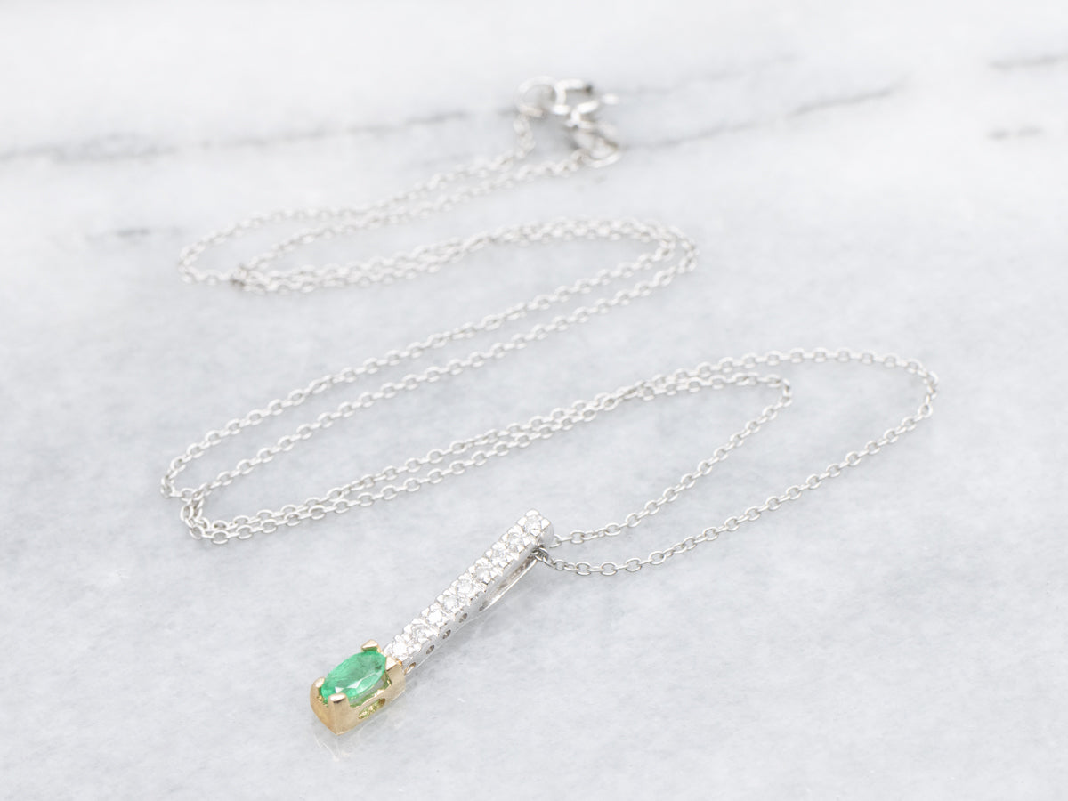 Two Tone Gold Emerald and Diamond Pendant Necklace