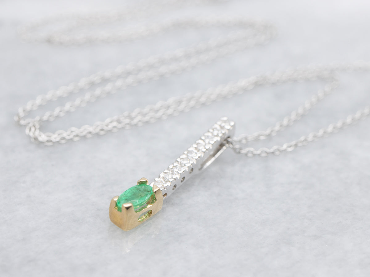 Two Tone Gold Emerald and Diamond Pendant Necklace