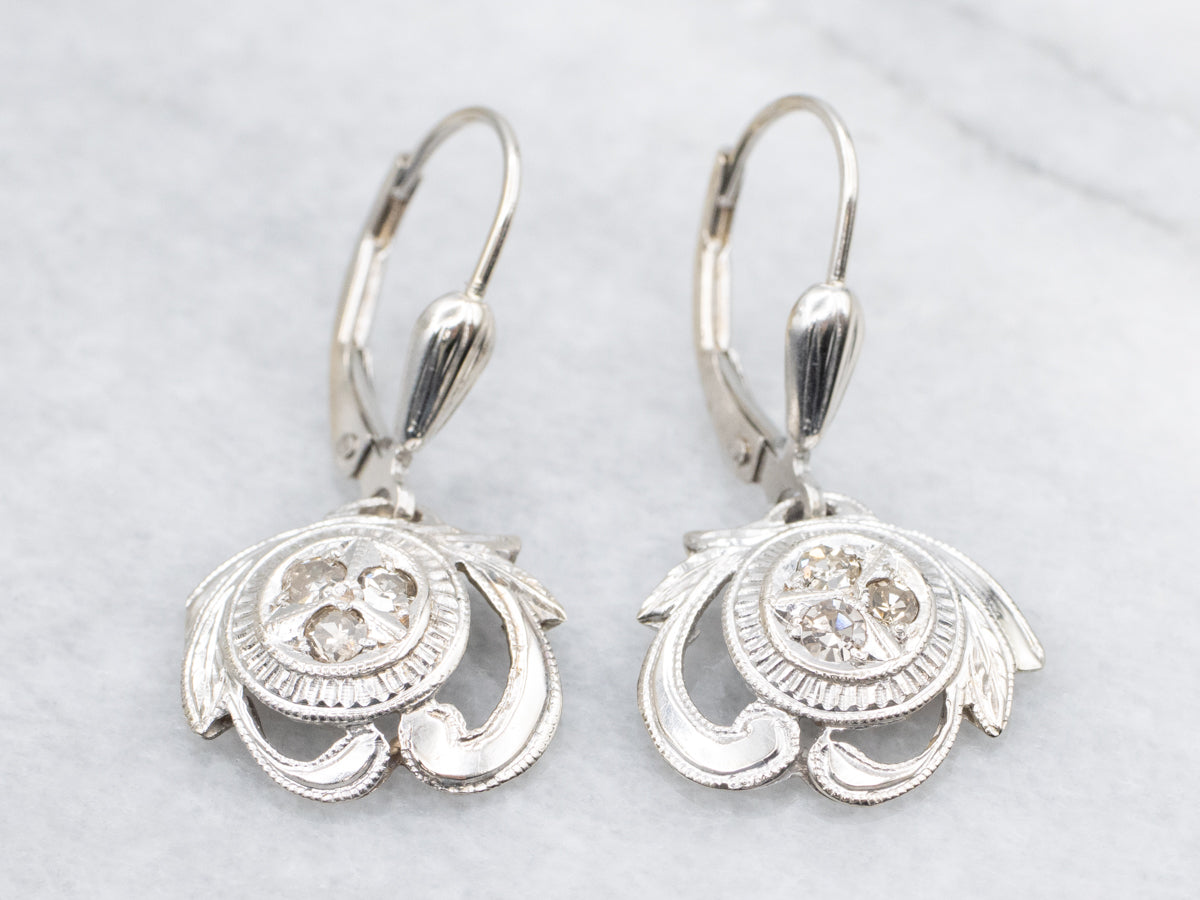 Retro Era White Gold and Champagne Diamond Drop Earrings