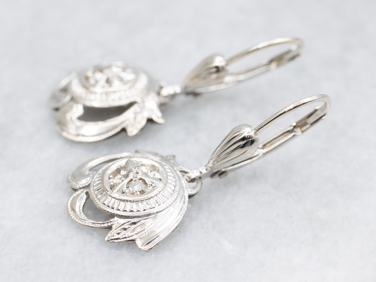 Retro Era White Gold and Champagne Diamond Drop Earrings