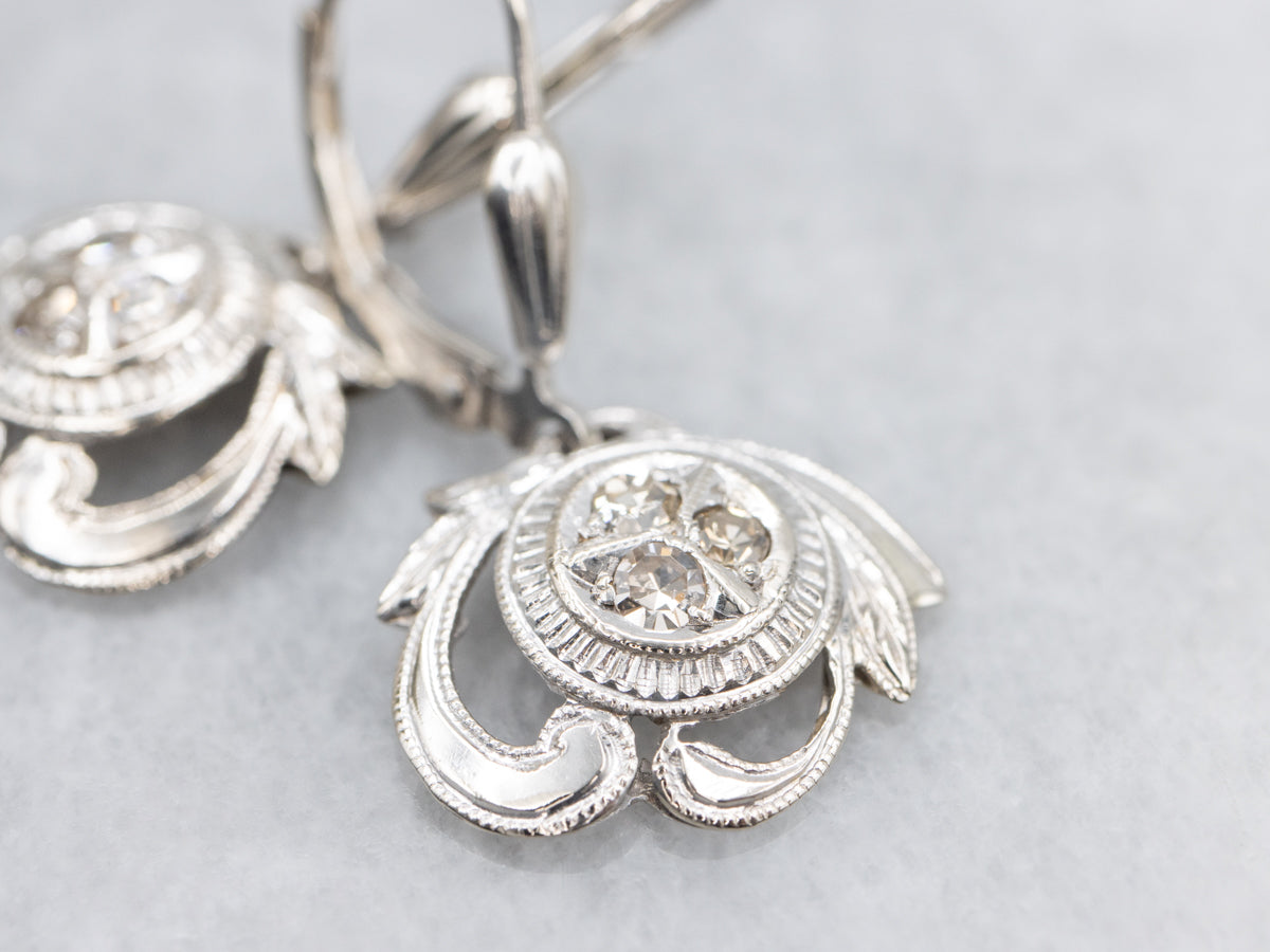 Retro Era White Gold and Champagne Diamond Drop Earrings