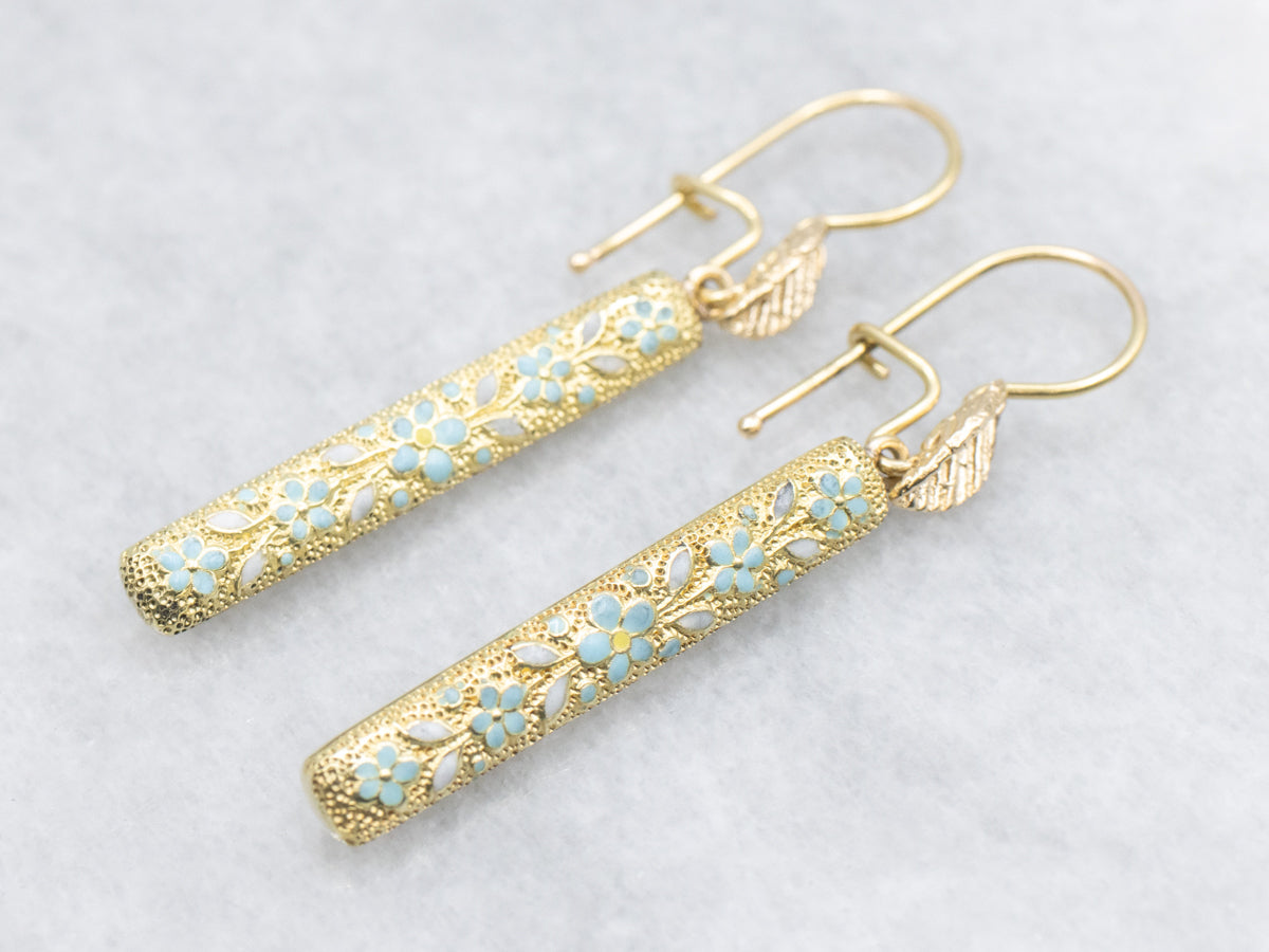 Enamel Flowers and Textured Gold Conversion Drop Earrings