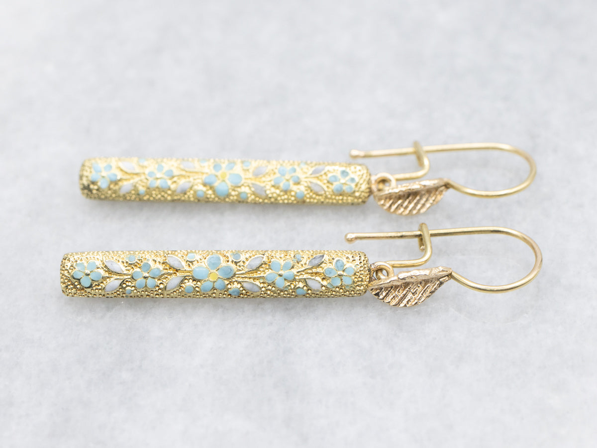 Enamel Flowers and Textured Gold Conversion Drop Earrings