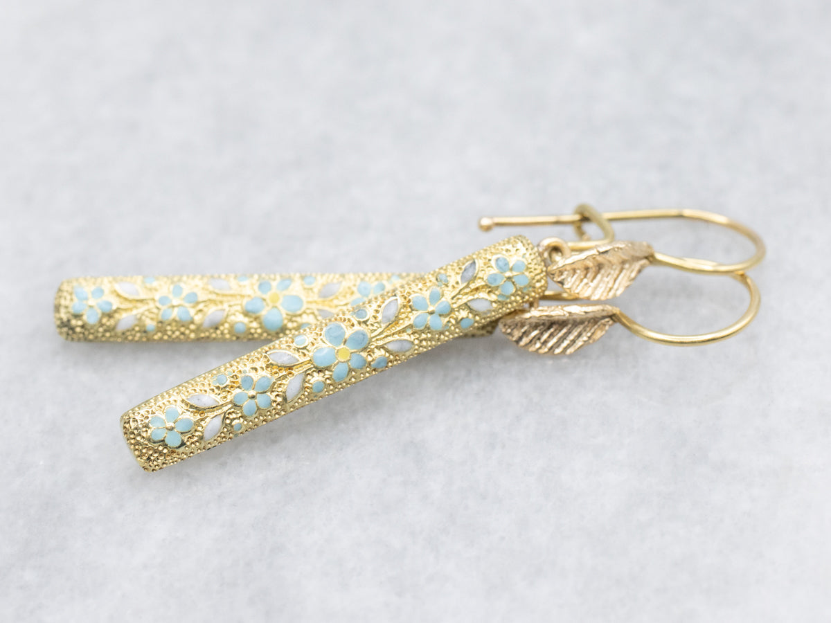 Enamel Flowers and Textured Gold Conversion Drop Earrings