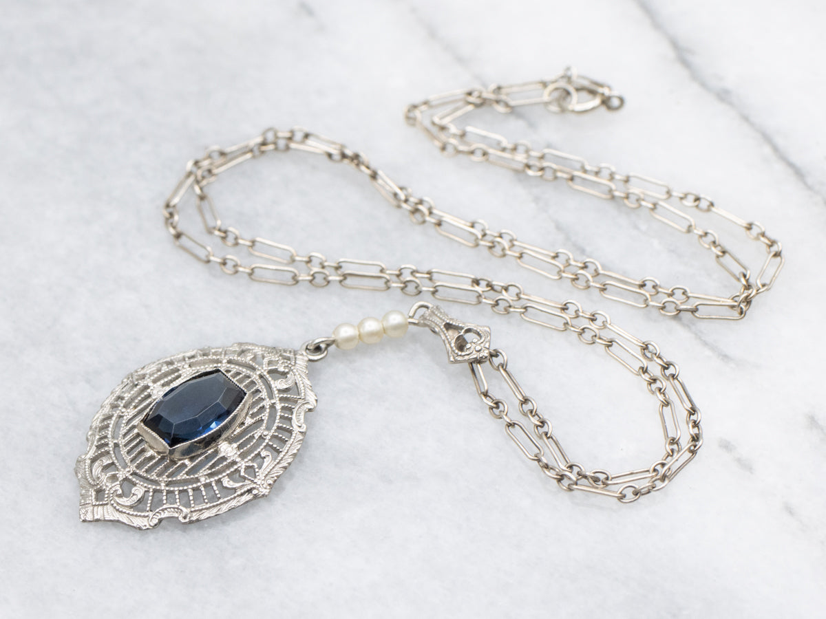 Art Deco Sapphire Glass and Faux Pearl Filigree Necklace