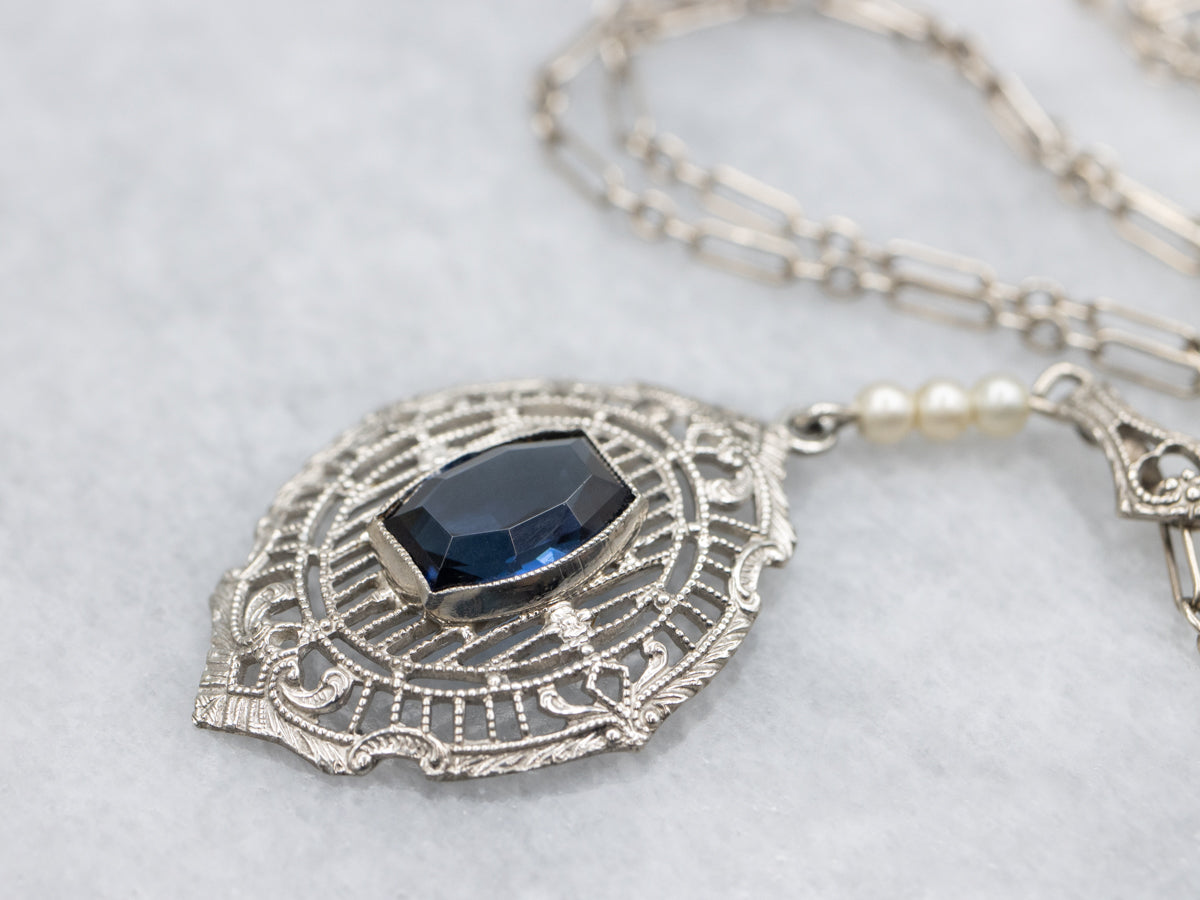 Art Deco Sapphire Glass and Faux Pearl Filigree Necklace