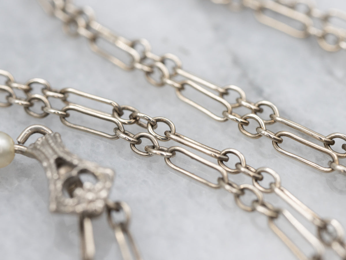 Art Deco Sapphire Glass and Faux Pearl Filigree Necklace