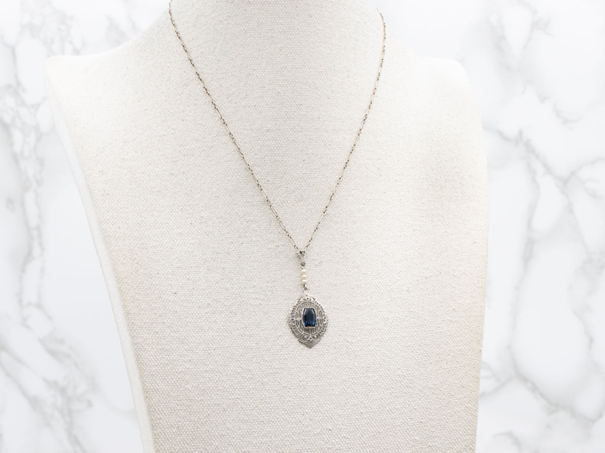 Art Deco Sapphire Glass and Faux Pearl Filigree Necklace