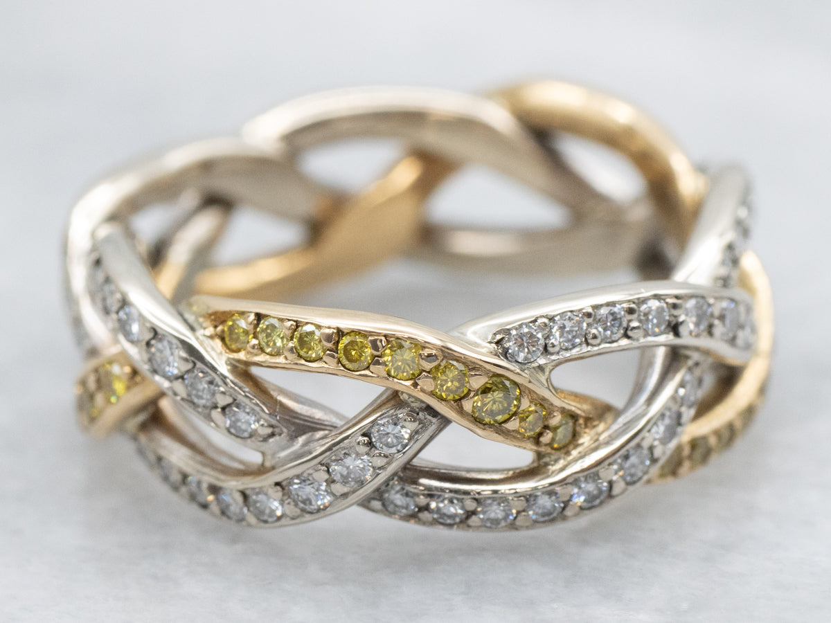 Modern Yellow and White Diamond Braided Eternity Band