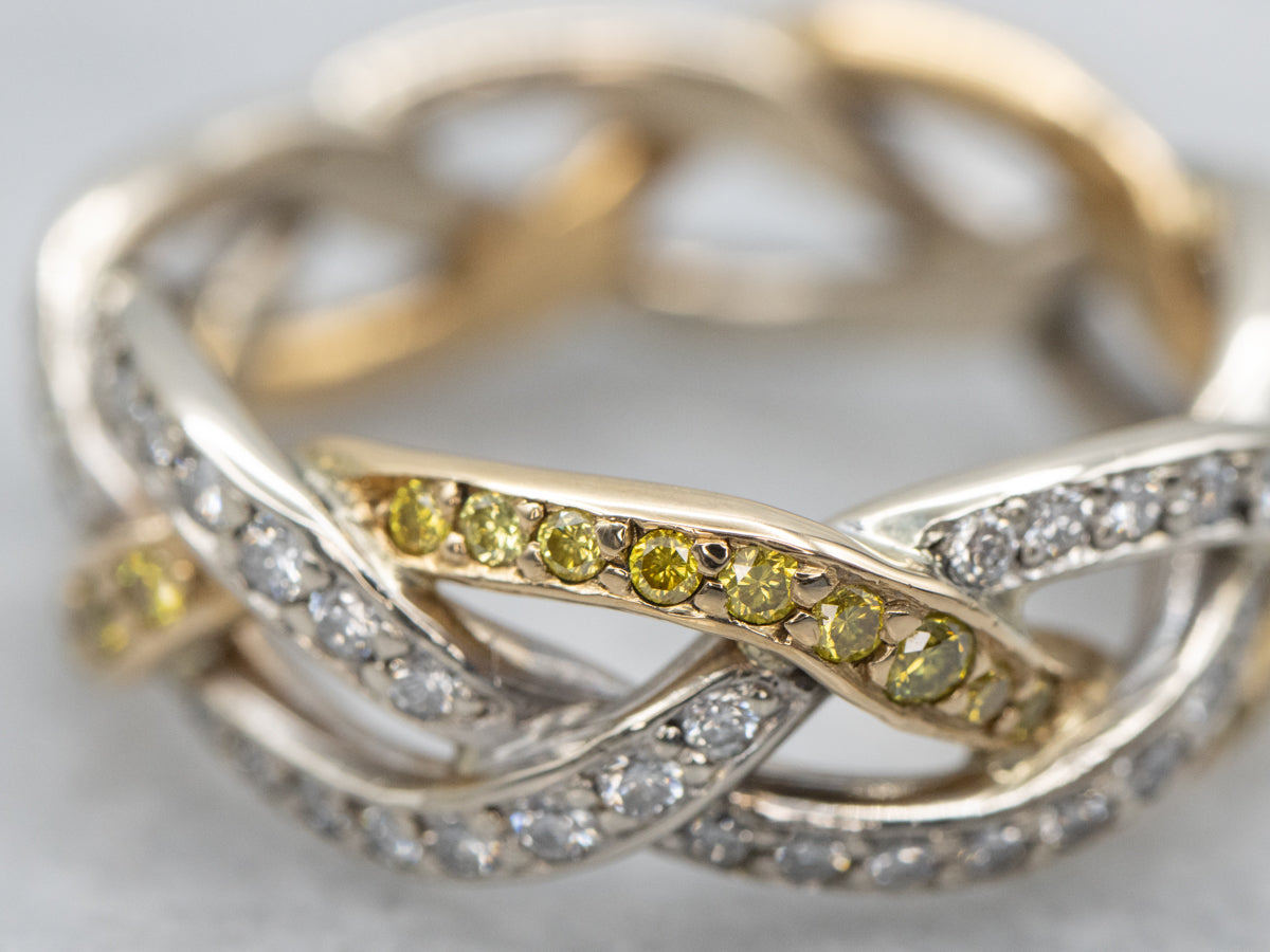 Modern Yellow and White Diamond Braided Eternity Band