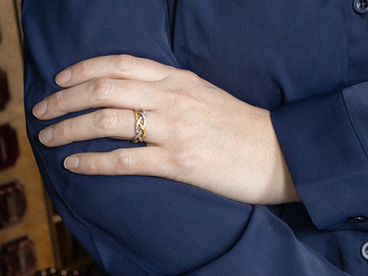 Modern Yellow and White Diamond Braided Eternity Band