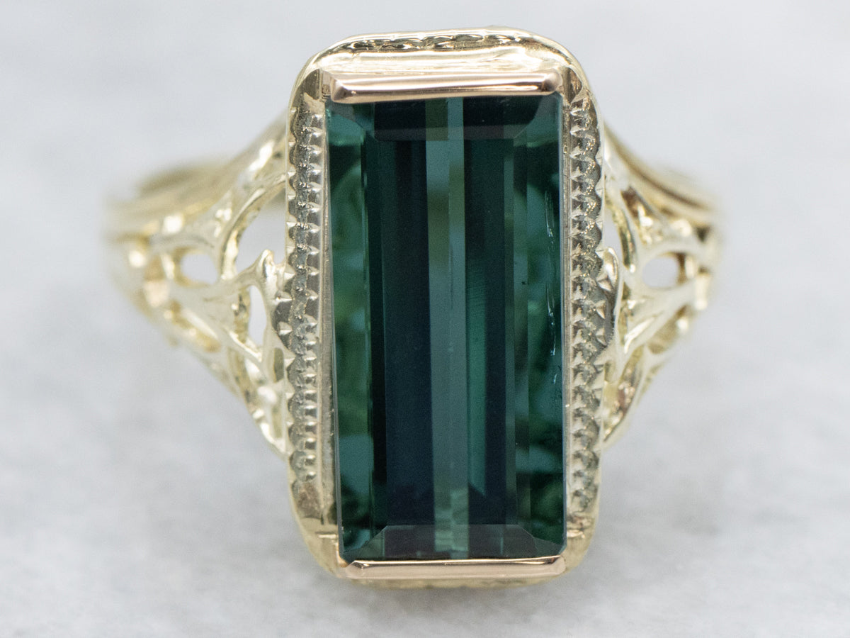 Antique Green Gold Teal Tourmaline Filigree Ring