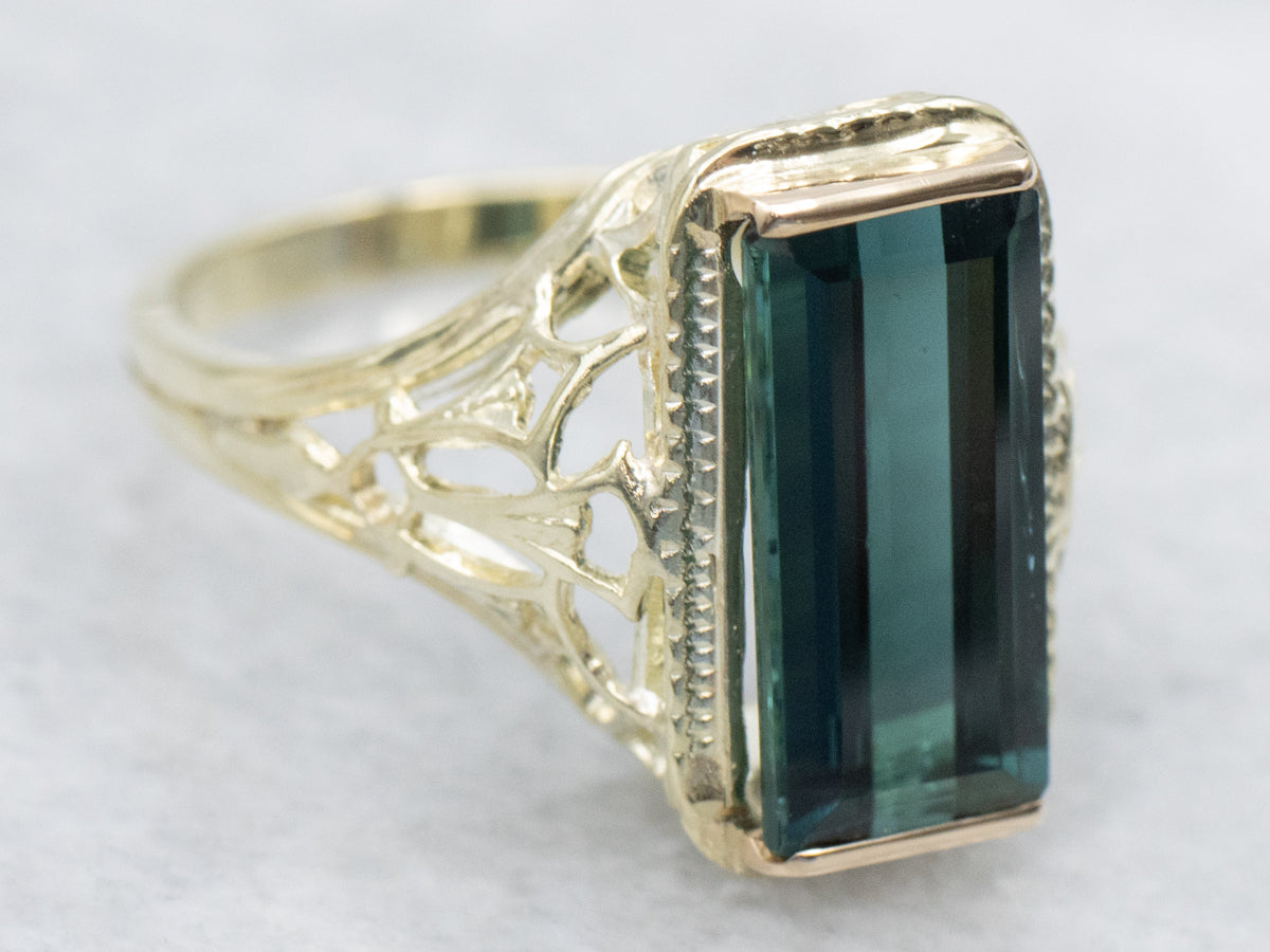 Antique Green Gold Teal Tourmaline Filigree Ring