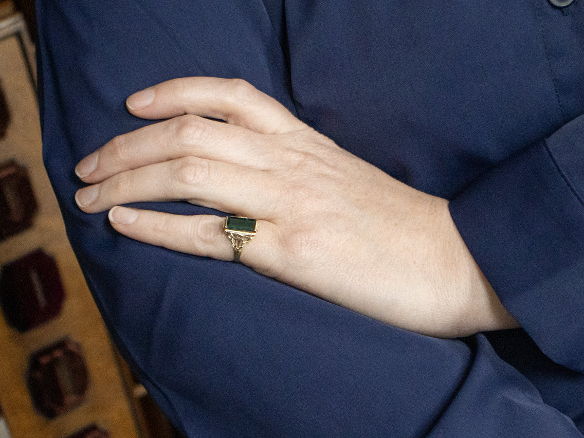 Antique Green Gold Teal Tourmaline Filigree Ring