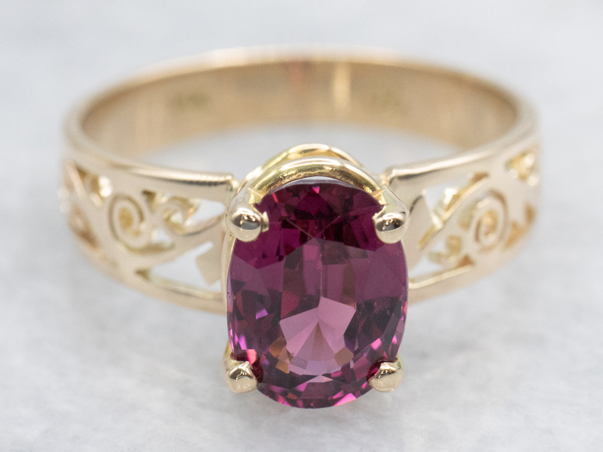 Rhodolite Garnet Scrolling Gold Filigree Solitaire Ring