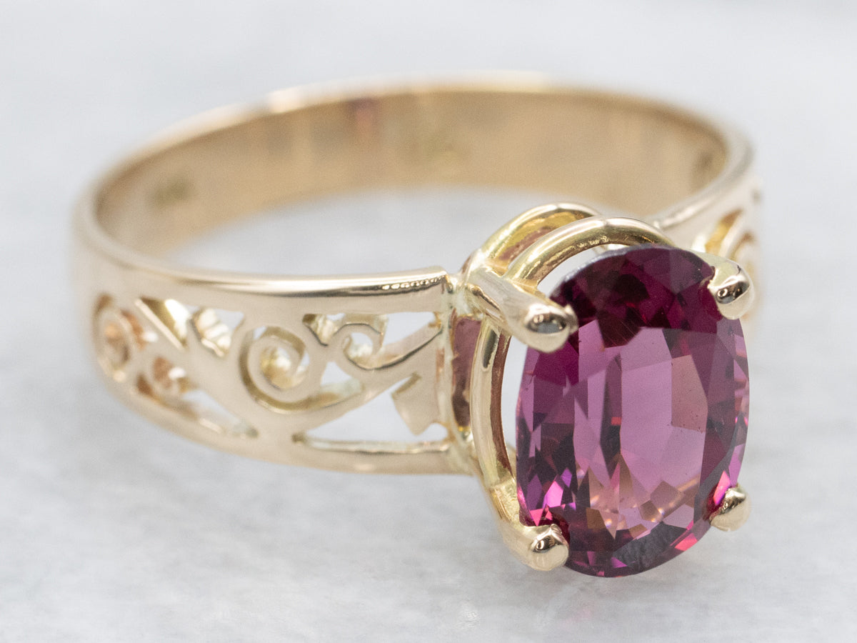 Rhodolite Garnet Scrolling Gold Filigree Solitaire Ring