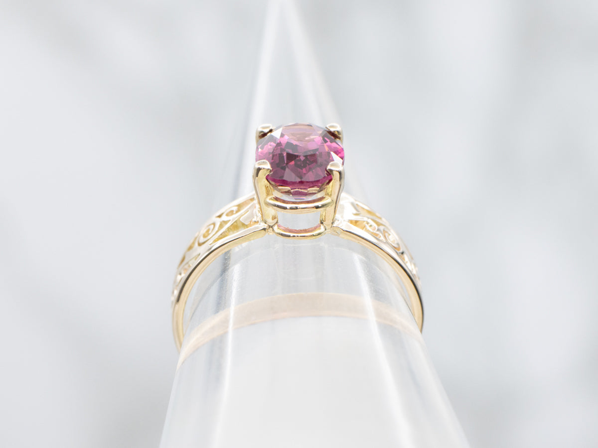 Rhodolite Garnet Scrolling Gold Filigree Solitaire Ring
