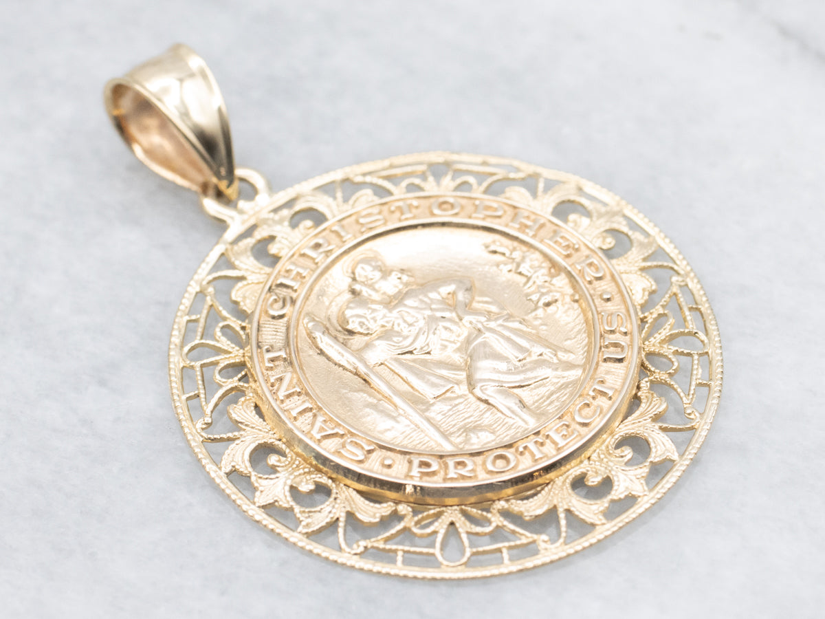 Large Gold Filigree Saint Christopher Religious Medallion
