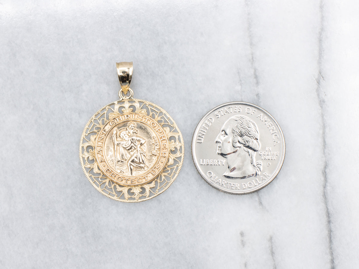 Large Gold Filigree Saint Christopher Religious Medallion