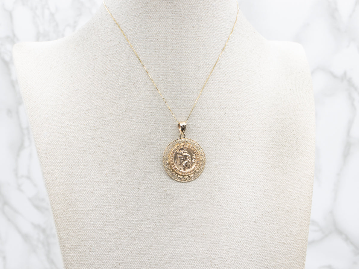 Large Gold Filigree Saint Christopher Religious Medallion