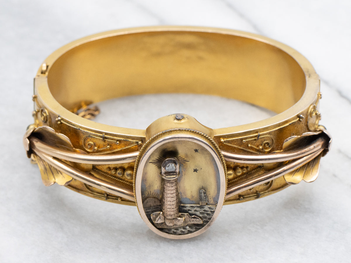 Victorian Rose Cut Diamond Lighthouse Bangle Bracelet