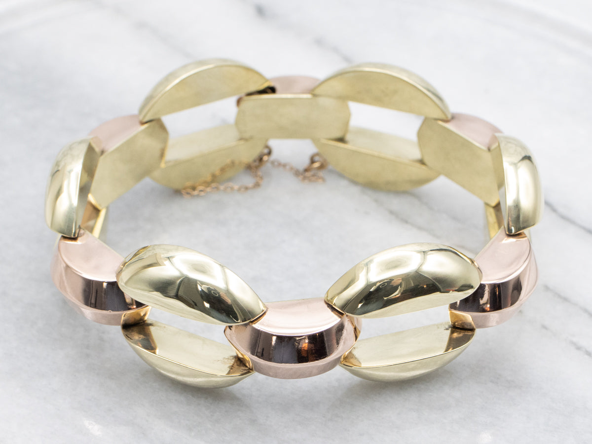 Polished Puffy Rose and Green Gold Link Bracelet