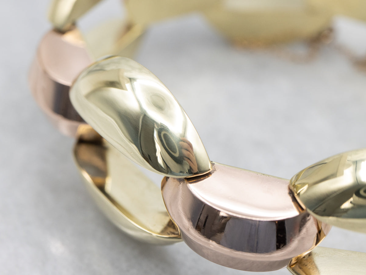 Polished Puffy Rose and Green Gold Link Bracelet