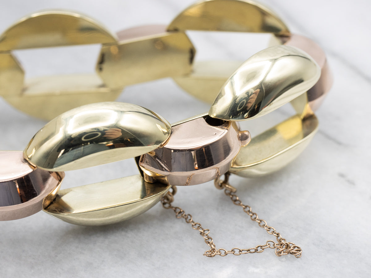 Polished Puffy Rose and Green Gold Link Bracelet