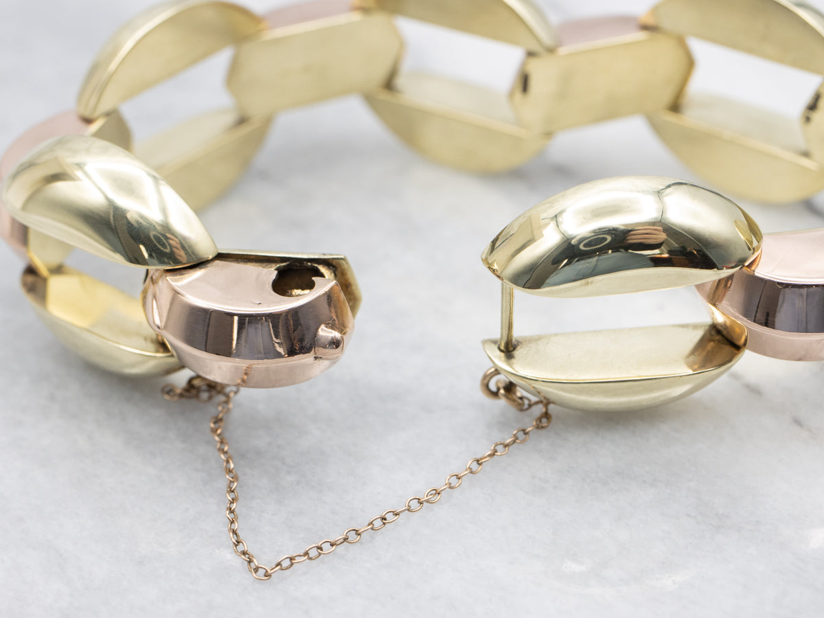 Polished Puffy Rose and Green Gold Link Bracelet