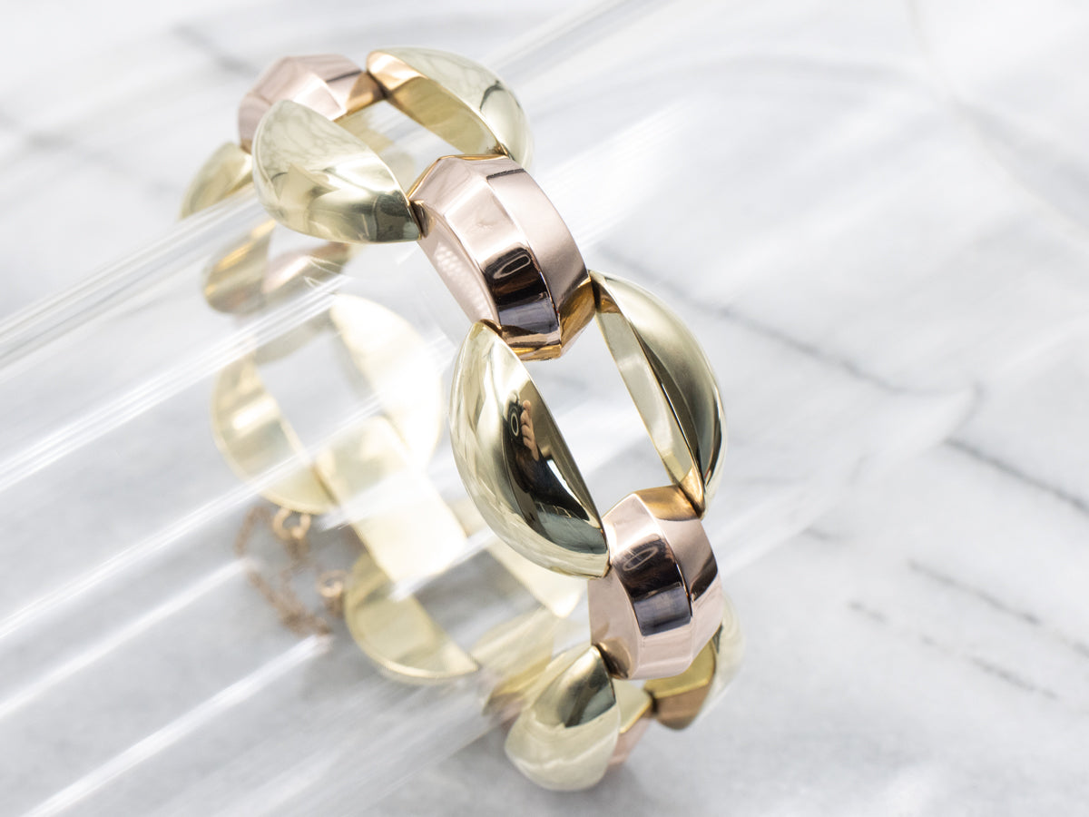 Polished Puffy Rose and Green Gold Link Bracelet