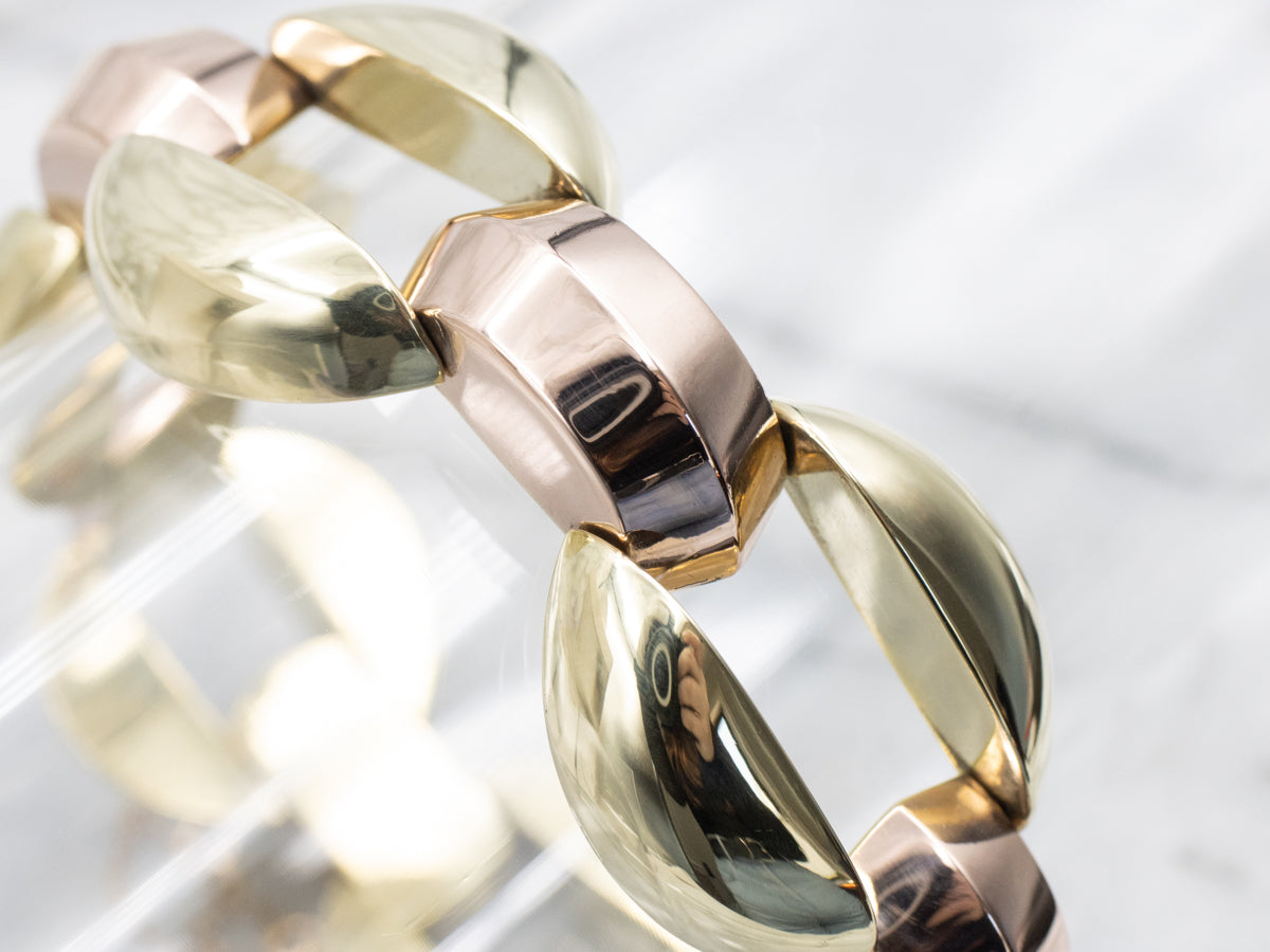 Polished Puffy Rose and Green Gold Link Bracelet