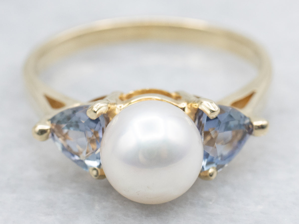 White Pearl and Tanzanite Three Stone Ring