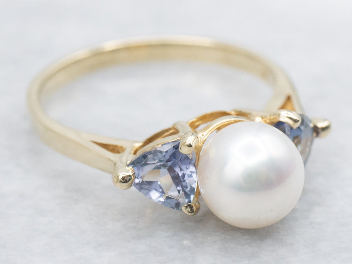 White Pearl and Tanzanite Three Stone Ring